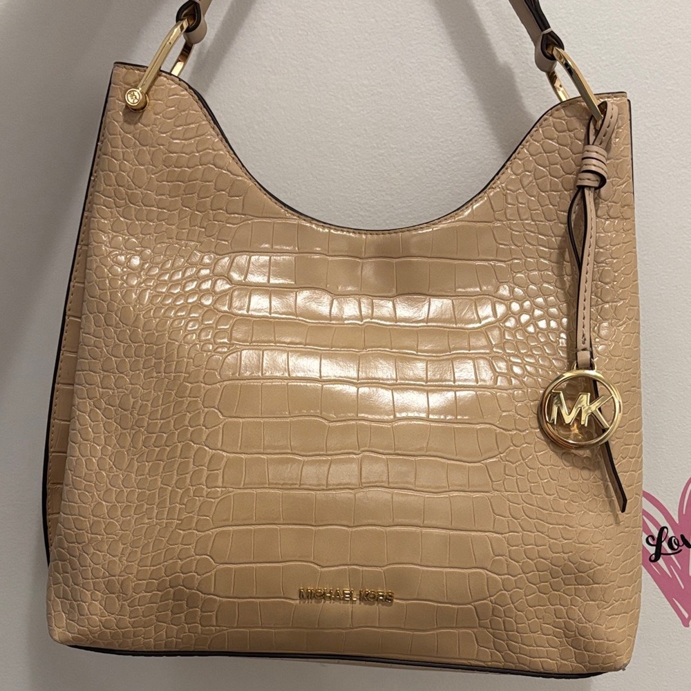 Michael Kors Beige Croc Embossed Shoulder Bag with Gold Hardware